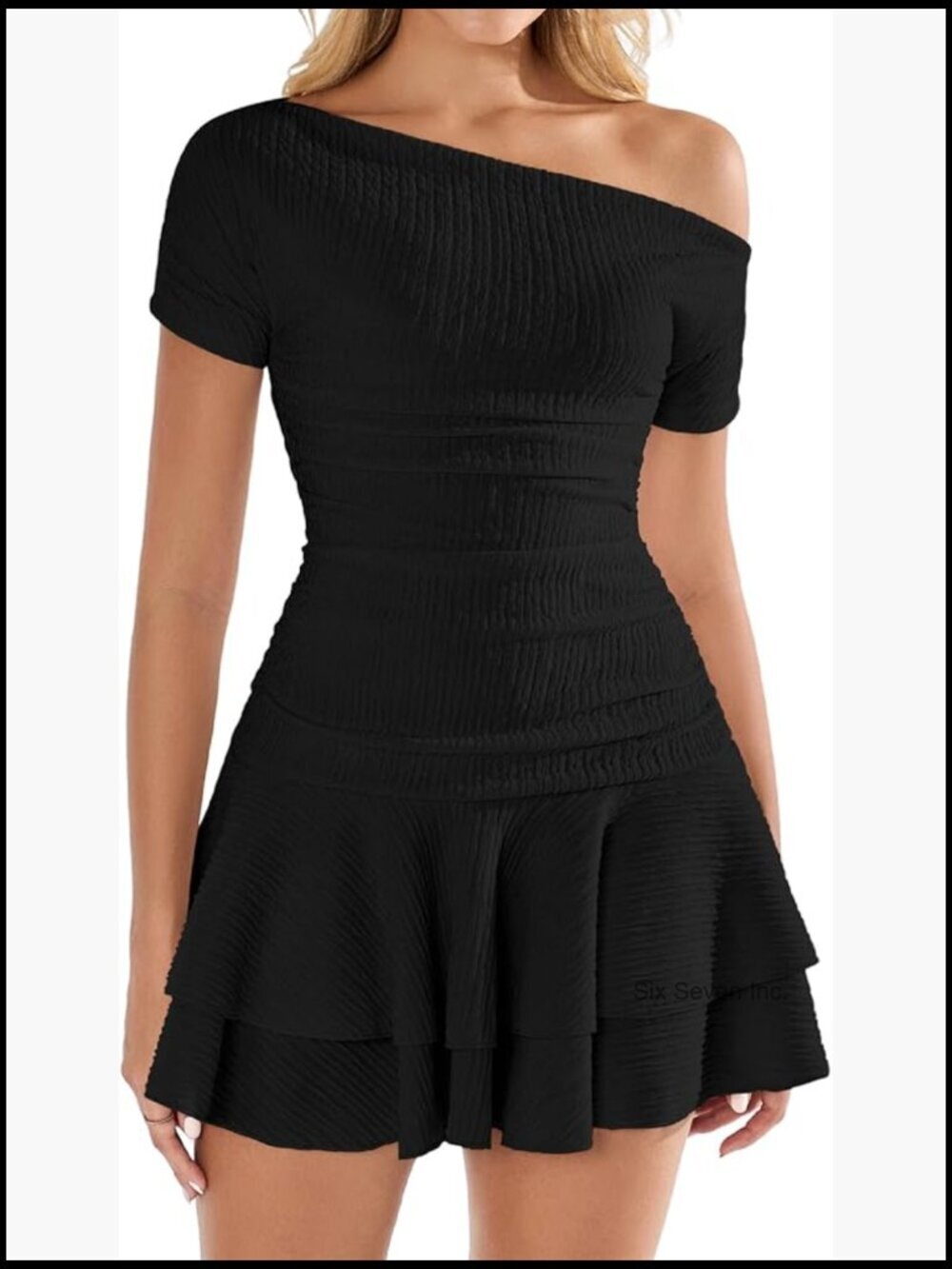 Off Shoulder Mini Dress with Ruffle Hem A-Line Fit Cocktail Party Dress